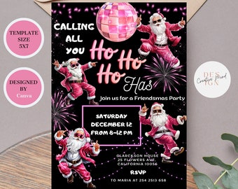 Grappige Friendsmas uitnodiging sjabloon Pink Santa Christmas Party uitnodigen digitale Girlsnight uit Girlsnight roze grappige uitnodiging, roze Santa