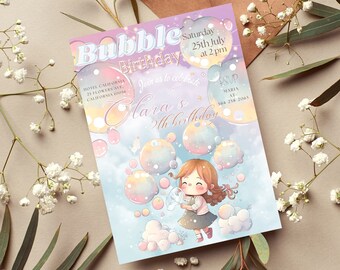 Verjaardagsfeestje met pastelkleuren, pastelkleurenontwerp, pastelkleurige bubbelsfeestje, schattig meisje bubbels ontwerp, bewerkbare sjabloon, pastelkleurige verjaardag, afdrukbaar