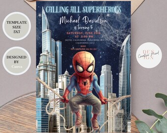 Spiderman Geburtstagseinladung, Superhelden-Party, Spiderman-Geburtstagsparty, bearbeitbare Vorlage, digitale Kinderparty, Geburtstagskarte, Größe 12x7 cm