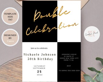 May include: Black and white checkered invitation with gold text that reads "Double Celebration" and details for Michaele Johnson's 30th birthday party. The invitation includes the date, time, location, and RSVP information.