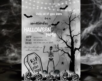 Uitnodiging voor Halloween-feest, skelet Halloween-feest, Halloween Spooky Night, pompoenen en skelet Halloween, volwassen uitnodigingsfeest