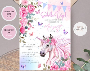 Verjaardagsuitnodiging zadel omhoog, bloemen paard verjaardagsfeestje, pastelkleuren ontwerp, schattige pony verjaardagsuitnodiging, bewerkbare sjabloongrootte 5 x 7