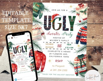 May include: An invitation for an "Ugly Sweater Party" with a festive design. The invitation features illustrations of holiday sweaters, a Santa hat, and text that reads "Ugly Sweater Party". The invitation is 5x7 inches.