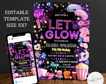 Glow Party verjaardagsuitnodiging, Let's Glow uitnodiging, Glow Party sjabloon, Glow Neon digitale uitnodiging, Glow bewerkbare sjabloon, Glow Invie
