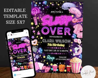 Slapen verjaardagsuitnodiging, slaapfeestje, pyjamafeest, retro neonlichten afdrukbare logeerpartijtje uitnodiging, Ladies Night Party