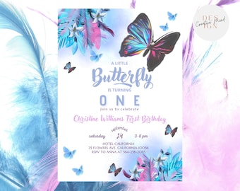 Butterfly Birthday Invitation, First Birthday Invitation, Butterfly Birthday Girl, Pastel Design, Floral Invitation Butterfly Birthday Party