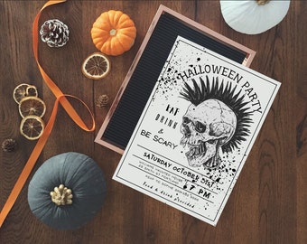 Halloween Party uitnodiging sjabloon, Skull Party, bewerkbare kostuum uitnodiging voor feest, Spooky Halloween, zwart-wit Instant Download