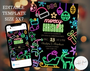NEON kerstuitnodiging, neon decoraties kerstfeest neon kerst digitale uitnodiging bewerkbare kerstsjabloon neon kerst