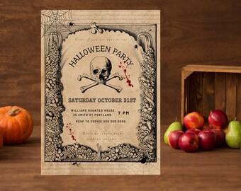 Vintage uitnodiging voor Halloween-feest, dode schedel kruis Halloween-feestuitnodiging, bewerkbare kostuumfeestuitnodiging, oud papier, direct downloaden