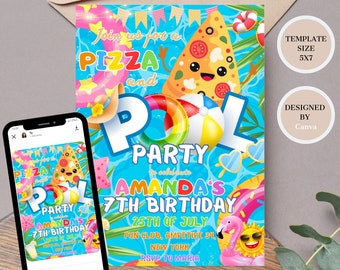 POOL-Party-Geburtstagseinladung, Pool-Pizza-Einladung, Sommer-Pizza-Party-Einladung, Sommer-Vibes-Geburtstag, Pool-Party-Einladung, bunter Sommer