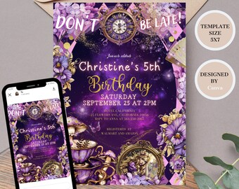 Uitnodiging niet te laat komen, Alice in Wonderland paars gouden uitnodiging, Enchanted Wonderland-uitnodiging, kom niet te laat bewerkbare sjabloon