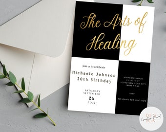 BLACK&WHITE Invitation The Arts of Healing Simple Design Elegant Invitation Two Sites Printable black white invitation editable 5x7 size