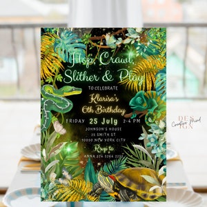 Invitation d'anniversaire modifiable de reptile de la jungle au néon | Modèle de toile de fête phosphorescente | Fête serpent lézard imprimable | Téléchargement instantané 5x7