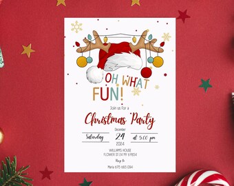 May include: A Christmas party invitation with a red Santa hat and reindeer antlers design. The invitation reads "Oh What Fun!" and includes party details: date, time, and location. Gold stars and ornaments decorate the red background.