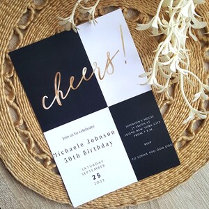 BLACK&WHITE Birthday Invitation CHEERS Simple Design Elegant Invitation for Woman and Man Any Birthday Editable Temaple Two Sites 5x7 size