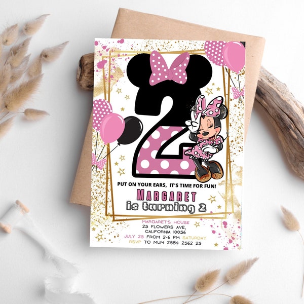 Minnie Mouse Birthday Invitation, Micky Mouse Birthday Invite, Pink Minnie Mouse 2nd Birthday, Second Birthday, Editable Template 5x7