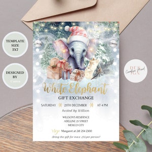 Invitación a la fiesta del elefante blanco, invitación secreta a la fiesta de Navidad de Santa, invitación de Canva editable de intercambio de elefante blanco pastel imprimible
