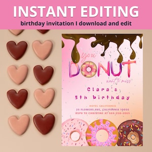 Donut Birthday Invitation Pink Girl Donut Do not miss the party Donut Party Cute Invitation Sweet Girl Template 5x7 size