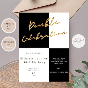 BLACK&WHITE Birthday Invitation Double Celebration Simple Design Elegant Invitation for Man Woman Editable Template Two Sites 5x7 size