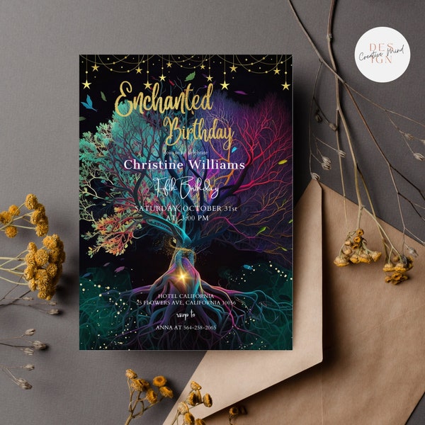 Ai Generated Image, Enchanted Forest, Magical Tree, Colorful Invitation, Enchanted Birthday, Printable Invitation, Fairy Garden Invite 5x7
