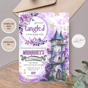 Rapunzel verjaardagsuitnodiging meisje | Bewerkbare canvassjabloon | Tangled Princess Party | Digitale download Zaproszenie Urodzinowe