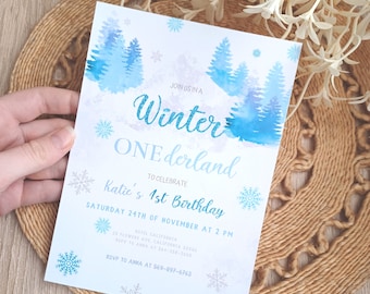 Winter Onederland erstes Geburtstagsbaby, Winter Geburtstag, blaues Pastelldesign, Winter 1. Geburtstag, bearbeitbare Vorlage Größe 5x7