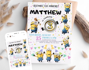 Minions Geburtstagseinladung Kindereinladung Minions Digital Party Invite Moderner Spaß Minions Geburtstagsvorlage Druckbar Bearbeitbar in Canva