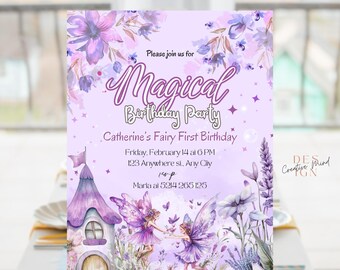 Fairy eerste verjaardagsuitnodiging, pastel feeën uitnodigen, magische verjaardagsfeestje, fairy aquarel uitnodiging, instant downloaden, fairy uitnodigen