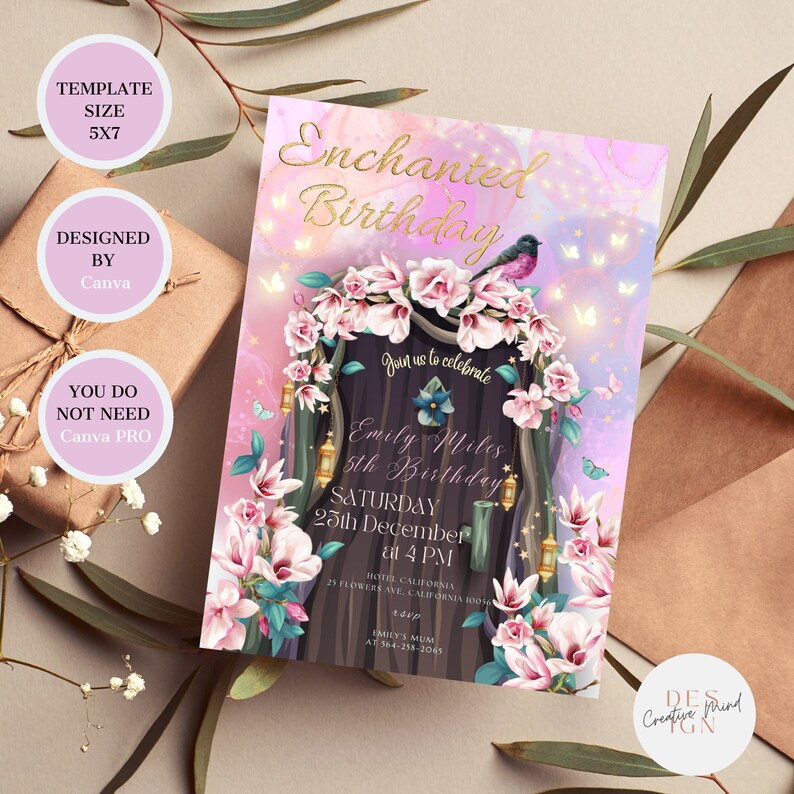 Pu&ograve; includere: Invito a una festa di compleanno incantata con uno sfondo acquerellato rosa e viola. L'invito presenta un'illustrazione fantasiosa di una porta di legno con fiori e farfalle. Il testo recita "Enchanted Birthday", "Join us to celebrate", "Emily Miles 5th Birthday", "Saturday 25th December at 4 PM", "Hotel California 25 Flowers Ave, California 10014", "Emily's Mum at 564-258-2065".