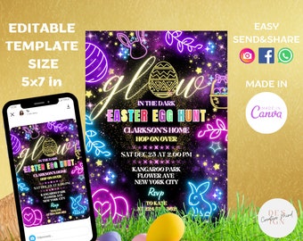 May include: Glow in the dark Easter egg hunt invitation with a neon pink, blue, and yellow design. The invitation features a glowing egg with a star pattern, a bunny rabbit, and the text "Glow in the Dark Easter Egg Hunt".