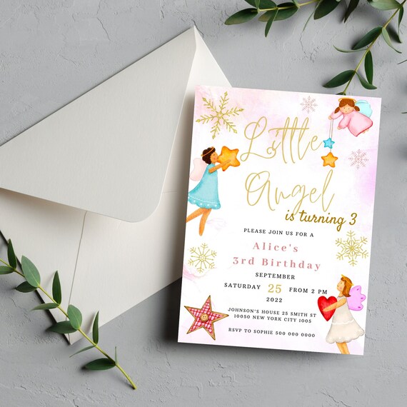 Little Angel Birthday Invitation, Girl Birthday Invite, Pastel Birthday, Pink Baby Invitation, Angels Birthday, Editable Template