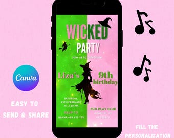 The Wicked Birthday Celebration, The Witch verjaardagsuitnodiging, Galinda Elphaba Witch roze en groene uitnodiging, heksen video-uitnodiging