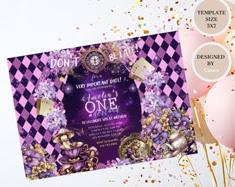 Uitnodiging niet te laat komen, Alice in Wonderland paars gouden uitnodiging, Enchanted Wonderland-uitnodiging, kom niet te laat bewerkbare sjabloon