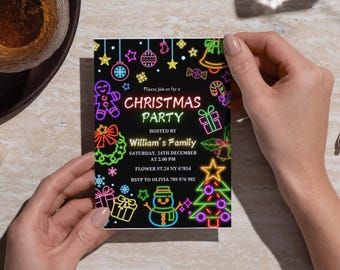 Uitnodiging kerstfeest neon, kerst grappige neonuitnodiging, sjabloon instant download, bewerkbare sjabloon, neonuitnodiging, neondecor