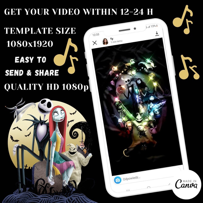 K&ouml;nnte beinhalten: Ein Smartphone zeigt eine digitale Illustration mit Charakteren aus "The Nightmare Before Christmas", darunter Jack Skellington und Sally. Das Bild wirbt f&uuml;r die Videoerstellung mit einer Vorlage von 1080x1920. Text ist enthalten.