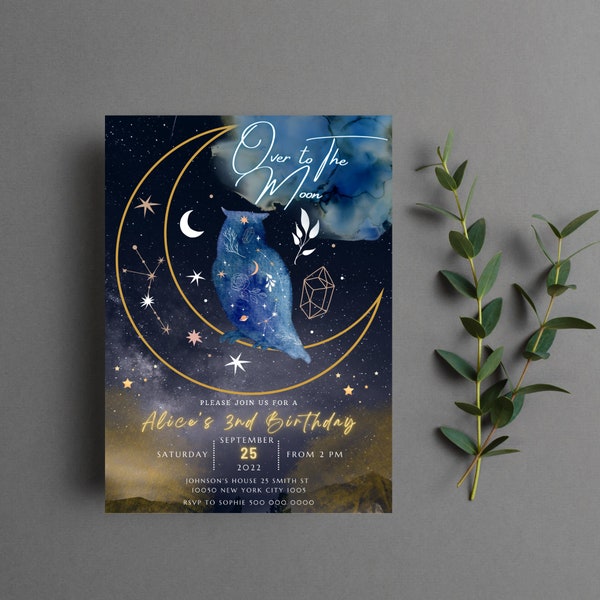 Moon Birthday Invitation, Over to the Moon Birthday Invitation, Owl on The Moon, Moon Night, Birthday Invite for Kids, Editable Template