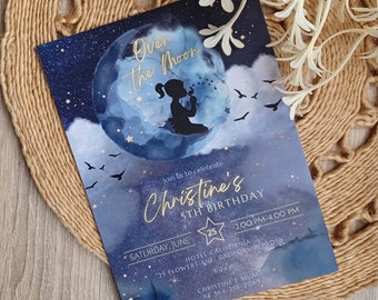 Mond-Geburtstags-Einladung Over The Moon-Geburtstags-Einladung Moon Girl Stars In The Sky Dark Blue Gold Template size 5x7