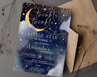 Invito di compleanno modificabile Twinkle Twinkle Little Star / Modello Canva per il primo compleanno di una bambina / Invito stampabile in oro rosa 5x7