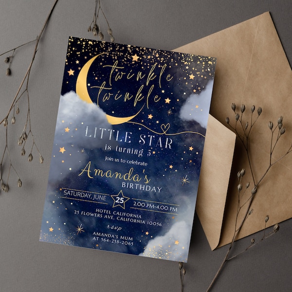 Twinkle Twinkle Birthday Party Invitation, Baby Birthday Party, Moon and Stars Design, Dark Night and Gold, Moonlight Invite, Editable