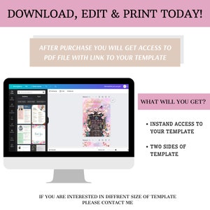 Pu&ograve; includere: Uno schermo di computer che mostra un modello di progettazione digitale per un invito di compleanno. Il modello presenta uno sfondo rosa e viola con un design floreale e il testo "Enchanted Birthday". Lo schermo mostra anche un'anteprima dell'invito con un design floreale e il testo "Enchanted Birthday".