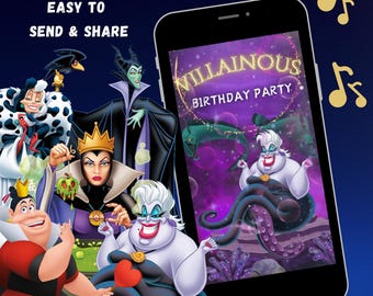 Personajes de Disney villanos, invitación de Disney de personajes malos, invitación de cumpleaños de Disney, invitación de cumpleaños de villanos, brujas y reinas de Disney