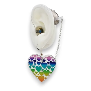 Rainbow heart hearing aid earrings, listening device loss prevention safety chain, hearing aid jewellery, accessory charm for aids