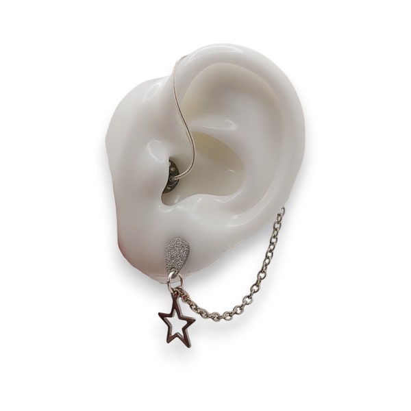Silver Star hearing aid, listening device stud earrings for retention with safety chain. Anti-loss, functional jewellery for pierced ears.