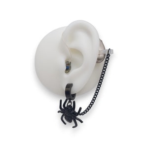Black Spider hearing aid, listening device stud earrings for retention safety chain. Anti-loss, functional jewellery for pierced ears.