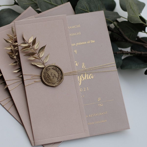 Handmade Elegant Wedding Invitation: Gold-Printed Acrylic Card and Mink Color Envelope with Personalized Seal & Dried Flowers Details