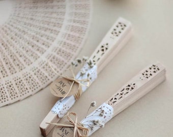 Personalized Wooden Hand Fan with Gypsophila, Satin Ribbon And Lace paper For Wedding Gift, Summer Wedding Favors, Bridal Party, Henna Gift