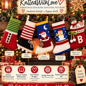 Peut inclure: Cinq chaussettes de Noël tricotées présentant des motifs de botte à boutons, de chaussette de sport rayée, de Père Noël dans une cheminée, de bonhomme de neige et de chaussette pour bébé avec la lettre B. L'image inclut du texte et des icônes.