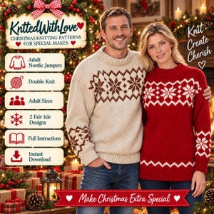 May include: A digital pattern guide titled KnittedWithLove featuring Christmas knitting patterns for adult Nordic jumpers. The guide includes instructions for two Fair Isle designs, double knit, and adult sizes, available as an instant download.