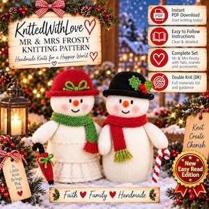 Puede incluir: Un patrón de tejido digital para muñecos de nieve Mr. & Mrs. Frosty, con dos muñecos de nieve tejidos en blanco con narices naranjas, uno con gorro rojo y bufanda verde, el otro con gorro negro y bufanda roja, junto a textos con instrucciones.
