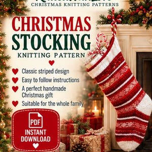Puede incluir: Un patrón de tejido digital para un calcetín navideño con rayas rojas y blancas y patrones intrincados. El texto dice KnittedWithLove Christmas Knitting Patterns, Christmas Stocking Knitting Pattern y PDF Instant Download.
